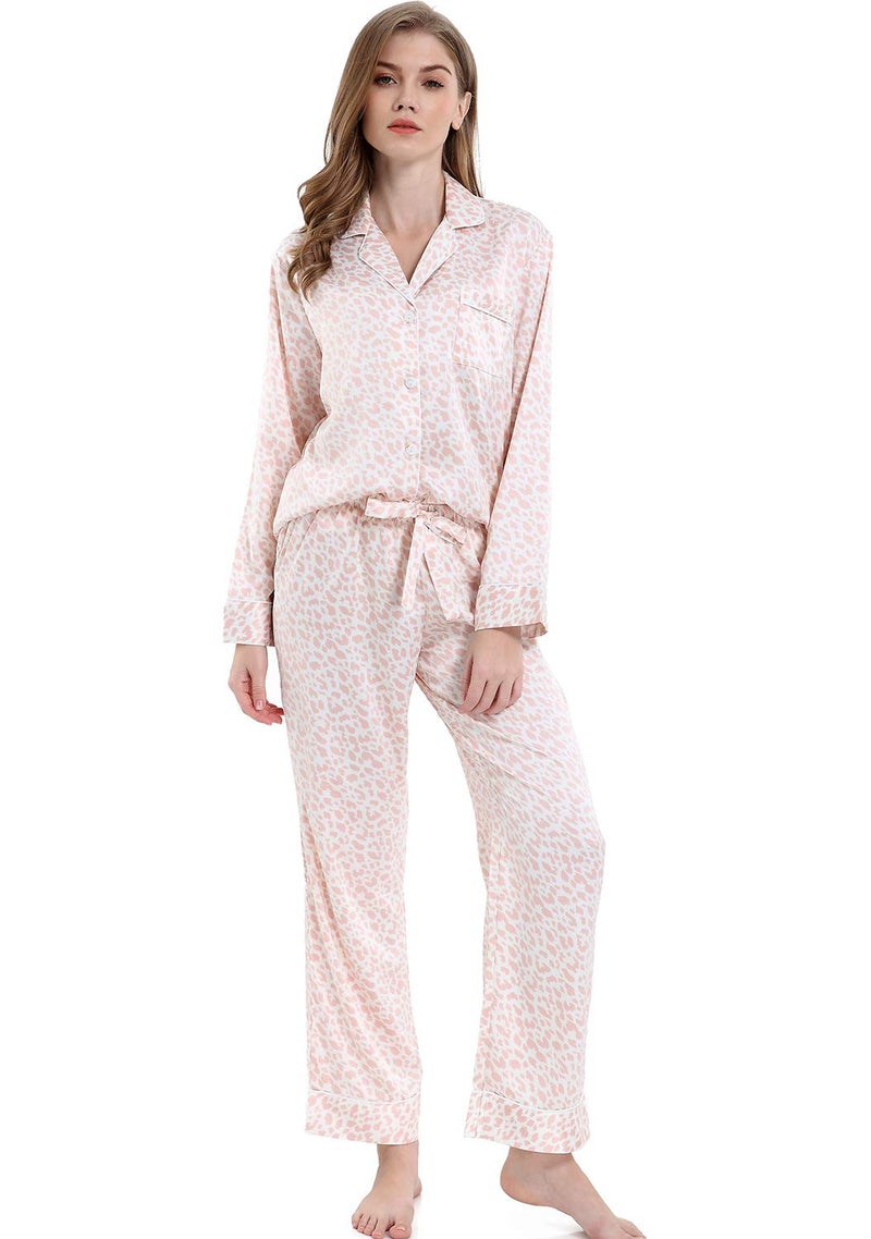 Serenedelicacy Women's Satin Pajama Set Long Sleeve Button Down Sleepwear 2-Piece Silky Pj Set (Small, Blush, Leopard) - Image 1